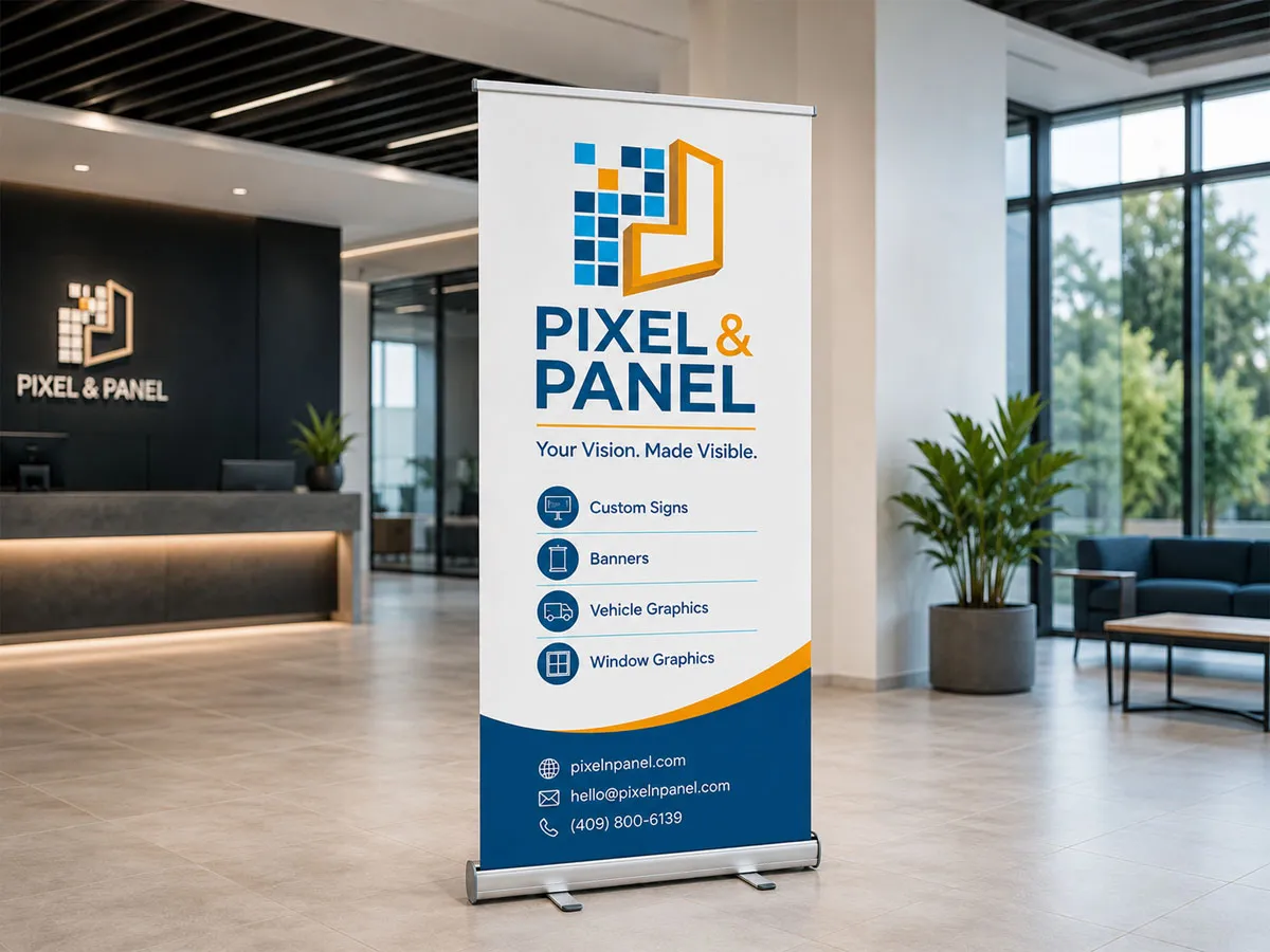 Custom retractable banner stand at a trade show event in Beaumont Texas