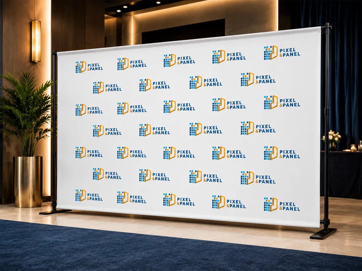 Step and repeat branded backdrop at a corporate event in Southeast Texas