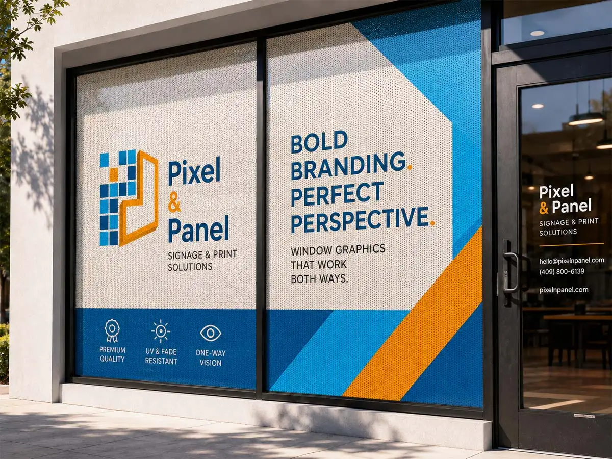 Perforated window graphic on a storefront window in Southeast Texas